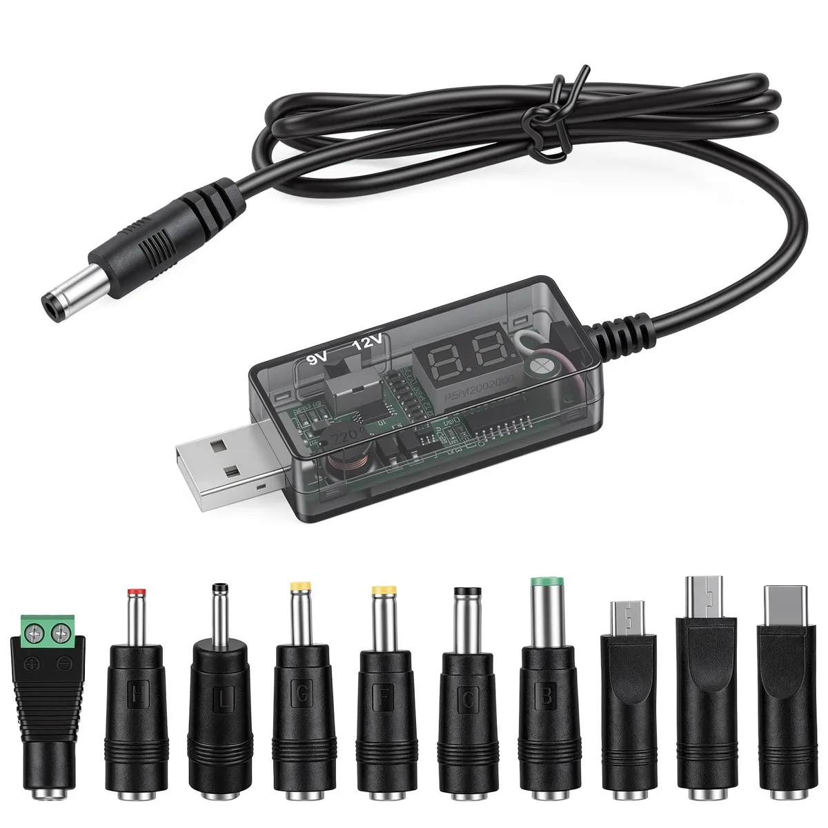Universal USB to DC 9V 12V Charging Cable 5.5x2.1mm 31.5cm 10 Connectors computer power adapter cord — product photo
