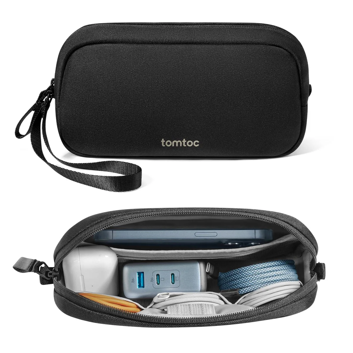 Small grey travel pouch with zipper and wrist strap, rectangular shape, fabric finish