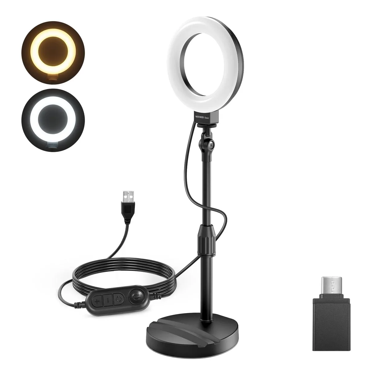 Black 5 inch ring light on adjustable desk stand with phone holder base
