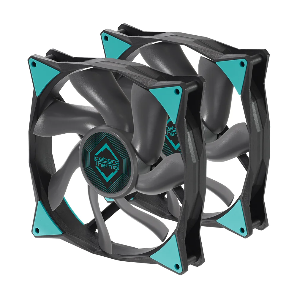 Two black 140mm square case fans with matte frames and dark blades, no lights, PWM cables attached