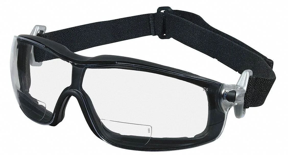 Black nylon wraparound safety goggles with elastic headband and indirect vents