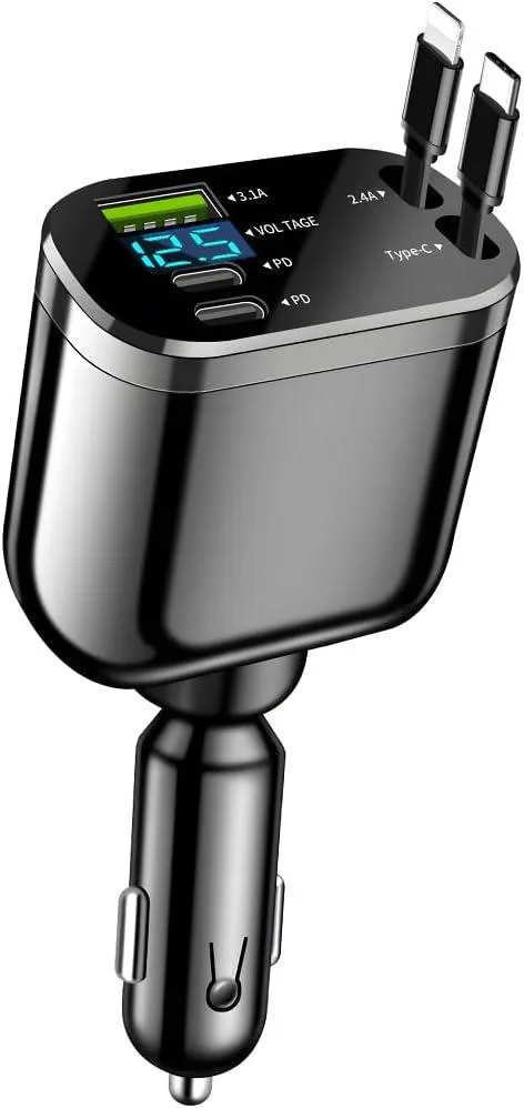 Hamzan Hamzan Retractable Car Charger 4-in-1 Dual Type-C Cables 2 USB Ports 12V-24V — product photo