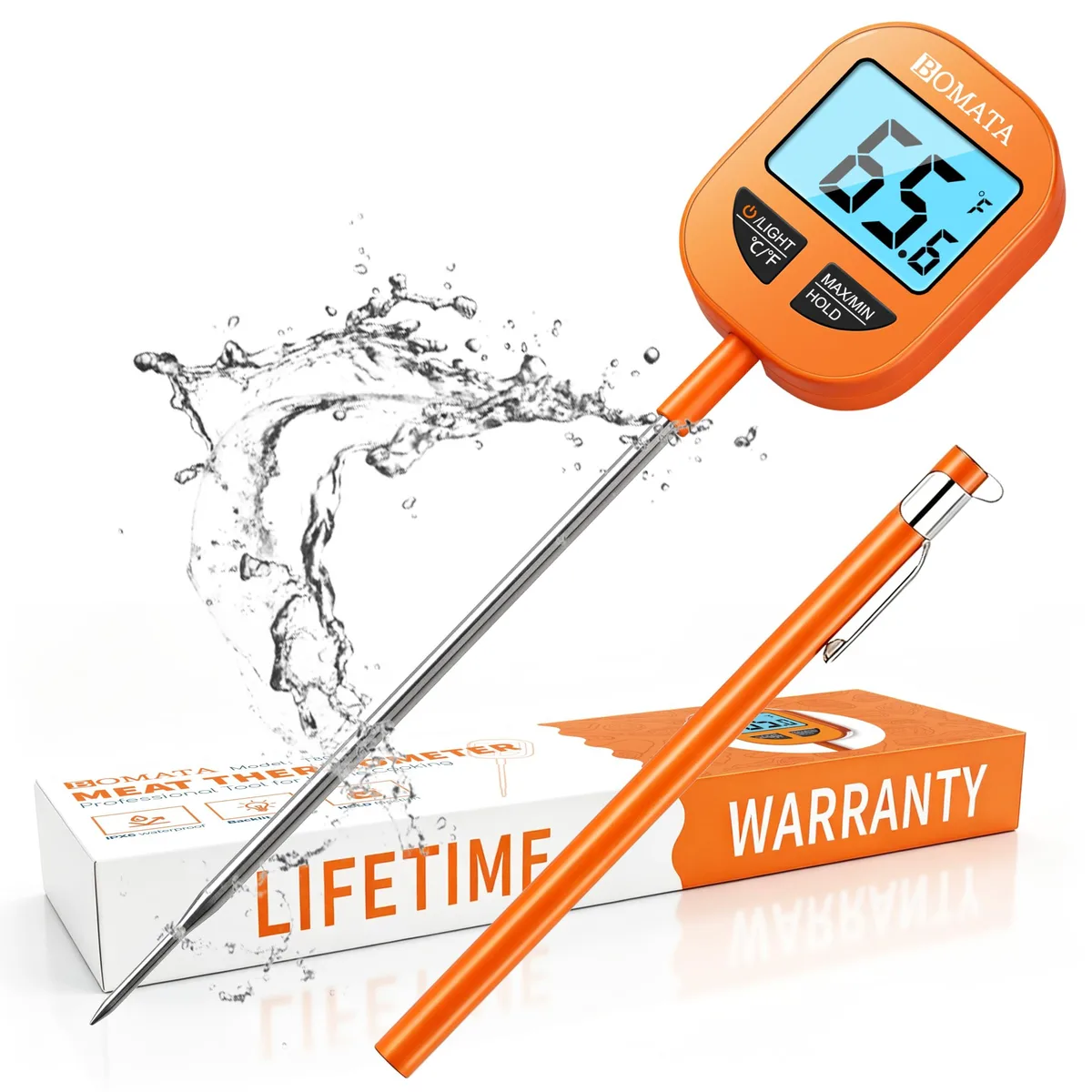 Orange digital meat thermometer with 5-inch probe and backlit display