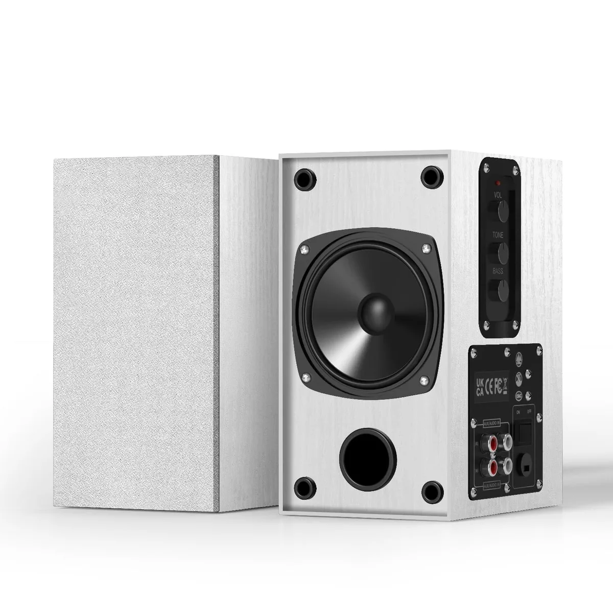 White bookshelf speaker pair with 4-inch woofers, compact wooden cabinets, wall-mount design