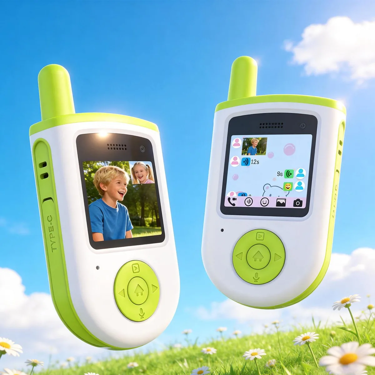Two compact rectangular walkie talkies in a pair, smooth matte finish, front-facing camera lens, colour screen