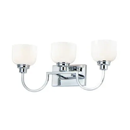 Three-light polished chrome vanity light with curved arms and white opal glass shades
