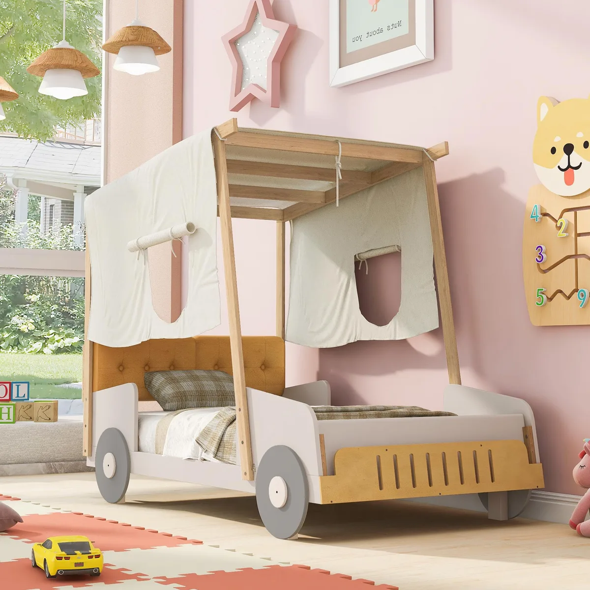 tuphen tuphen Wood Twin Car Bed with Pillow, Ceiling Cloth, Natural — product photo