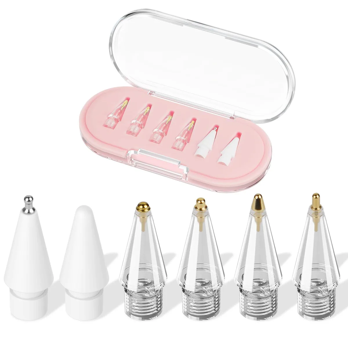 Six replacement Apple Pencil tips in a pink hard-shell case