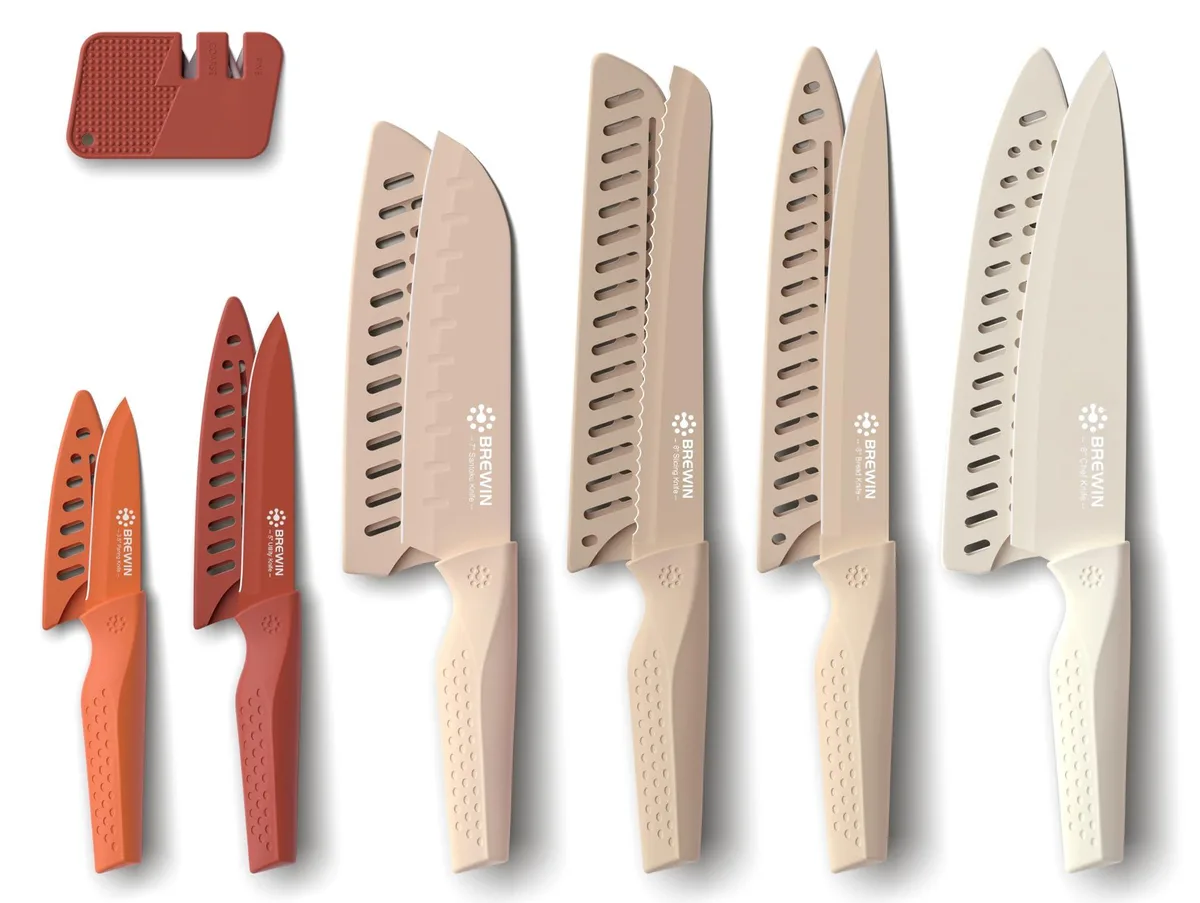 Multicolour 13-piece stainless steel knife set with plastic handles, blade guards and sharpener