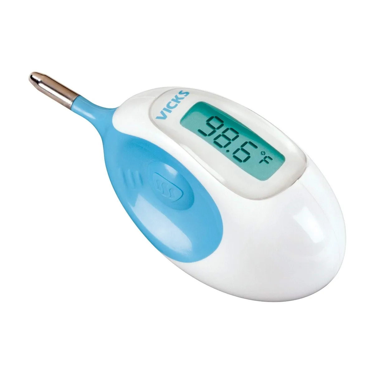 White and blue digital rectal thermometer with short flexible tip and large LCD screen