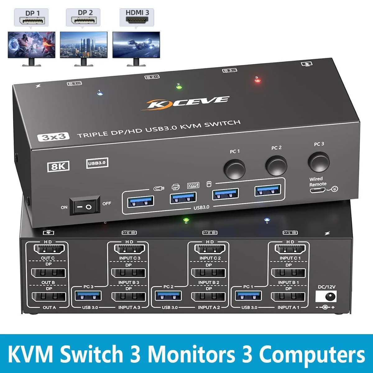 WRIARICH WRIARICH 3-Port HDMI+2DP KVM Switch 8K60 4K144 — product photo