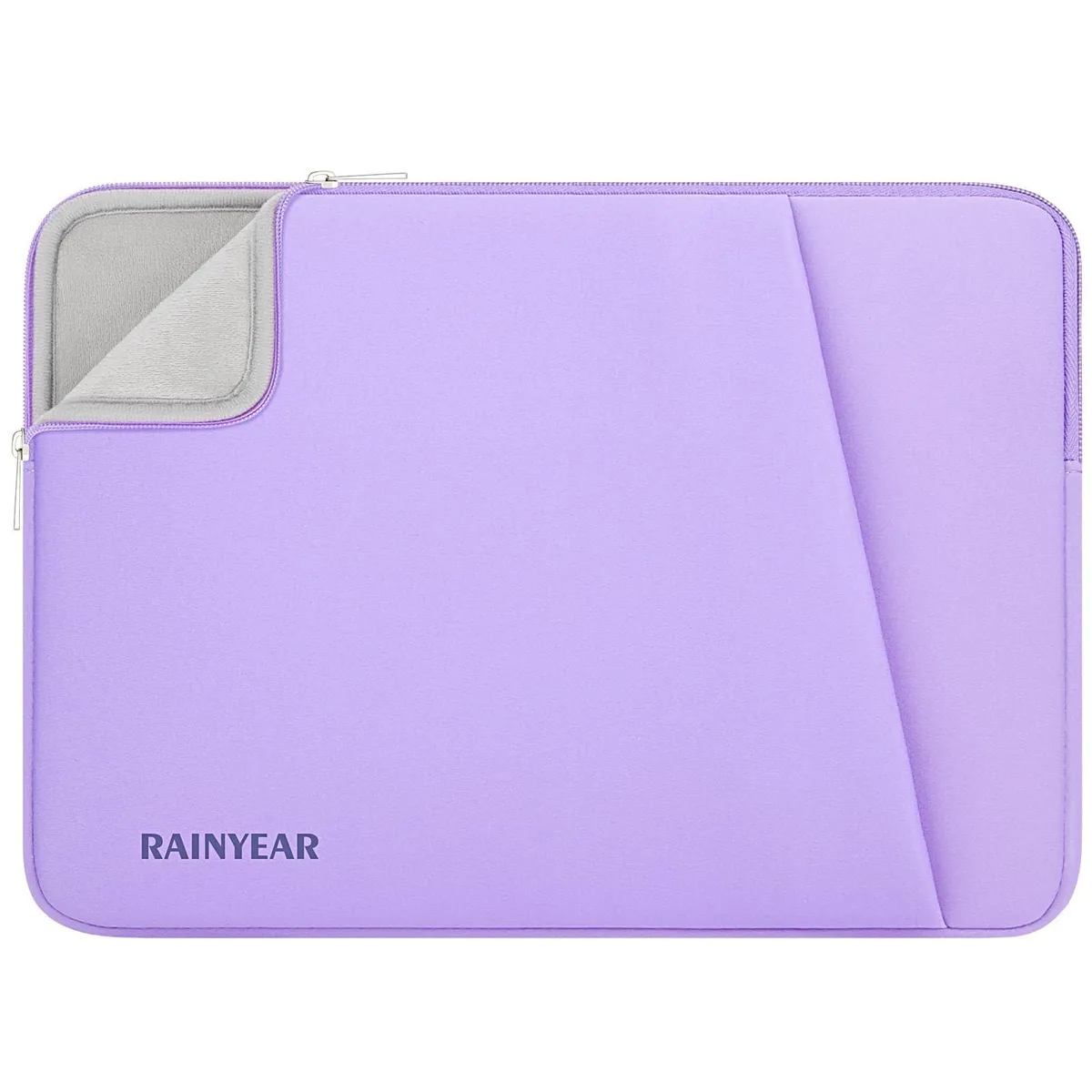 Purple polyester laptop sleeve with front zip pocket and included mouse pad