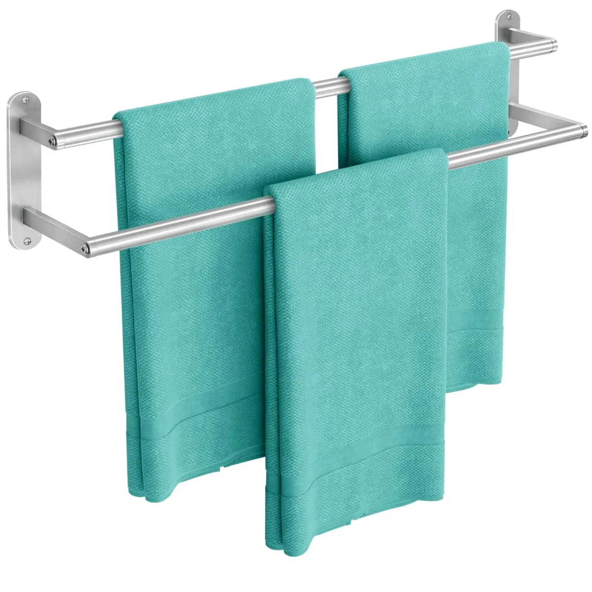 Brushed nickel double towel bar with two staggered rods, wall-mounted, 24 inch length
