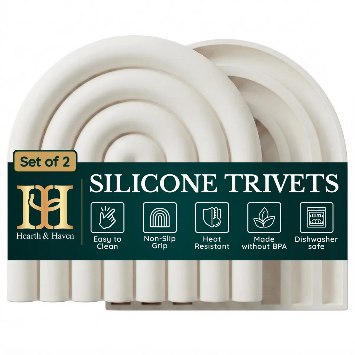 Two creamy white silicone trivets with textured surface and hanging holes