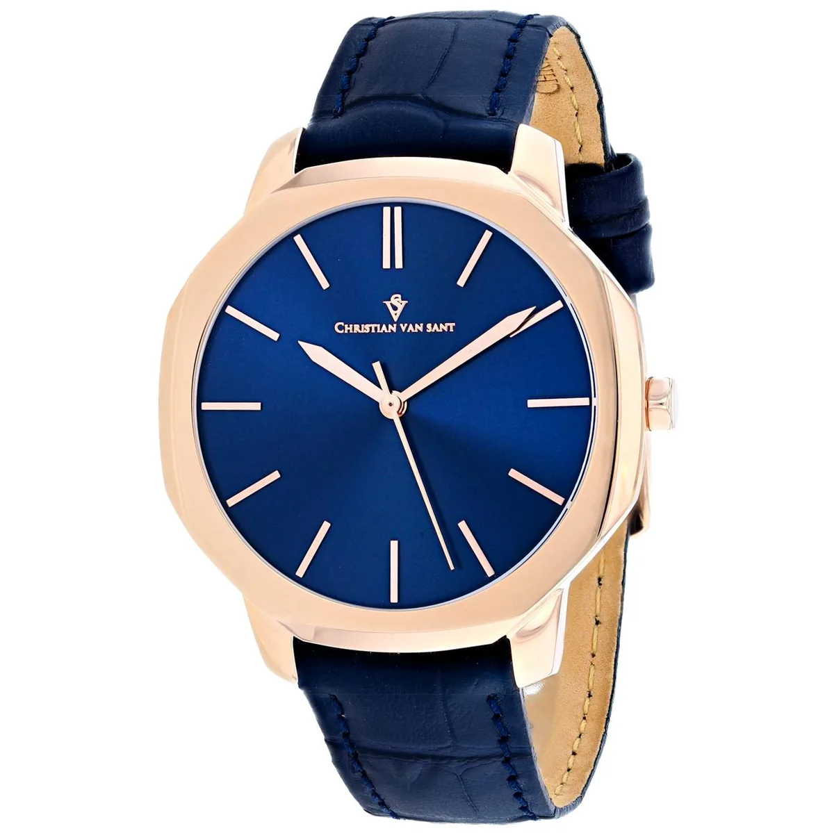 Christian Van Sant Octavius slim watch with blue dial and leather strap