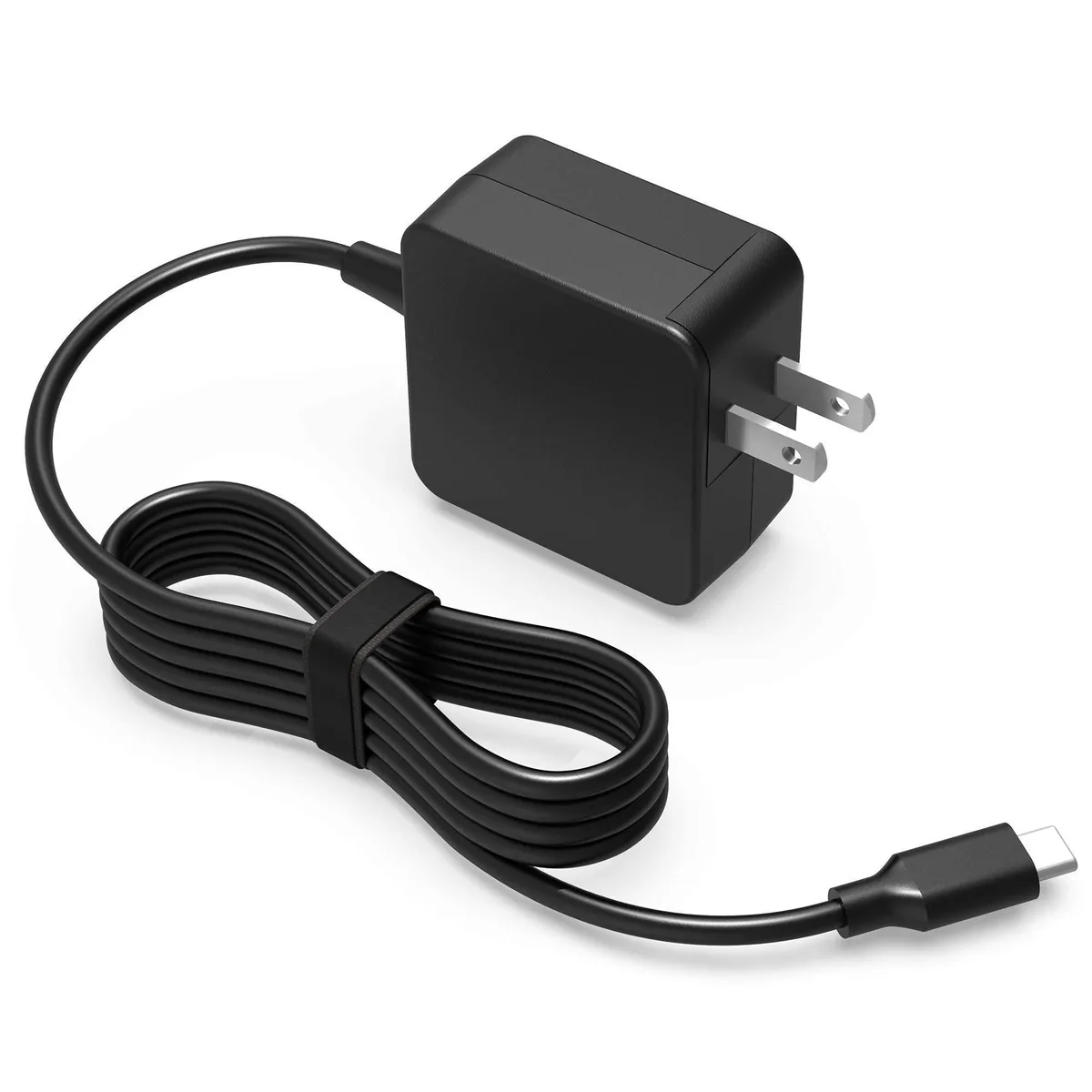 Compact black USB-C power adapter with long cable
