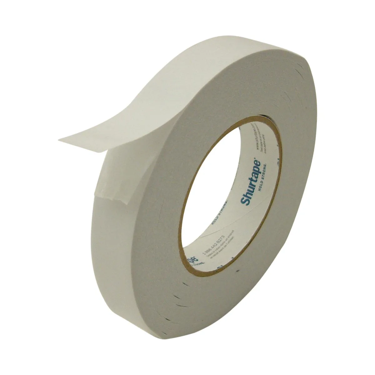 White double-sided tissue tape roll on a 3-inch core