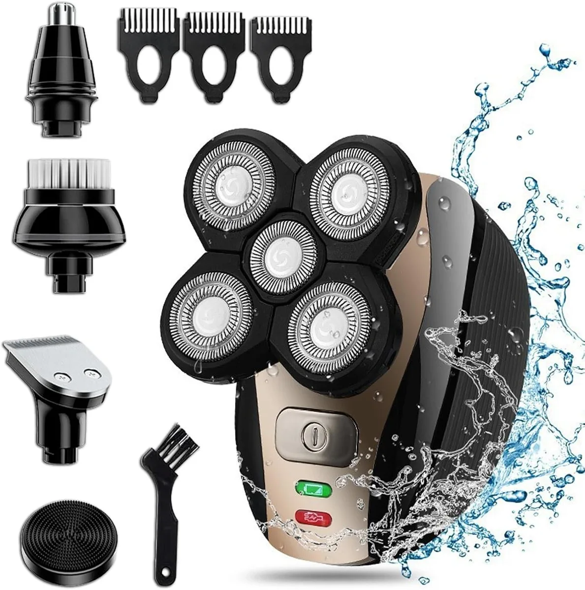Black rotary electric shaver with five detachable grooming attachments displayed on a flat surface