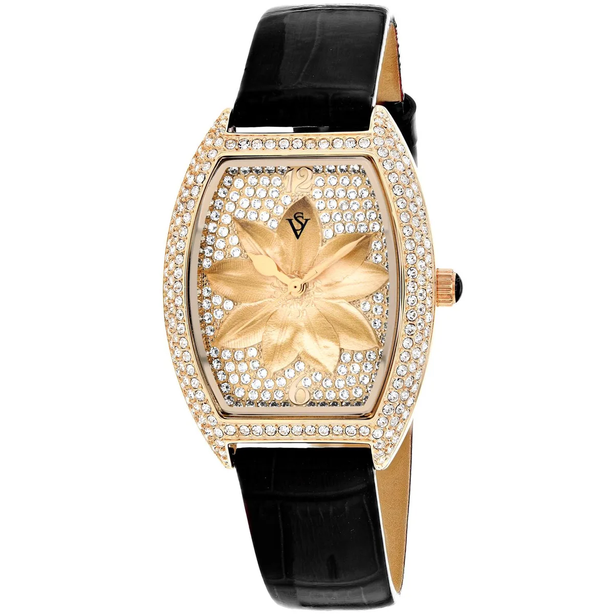 Rose gold stainless steel quartz watch with leather strap