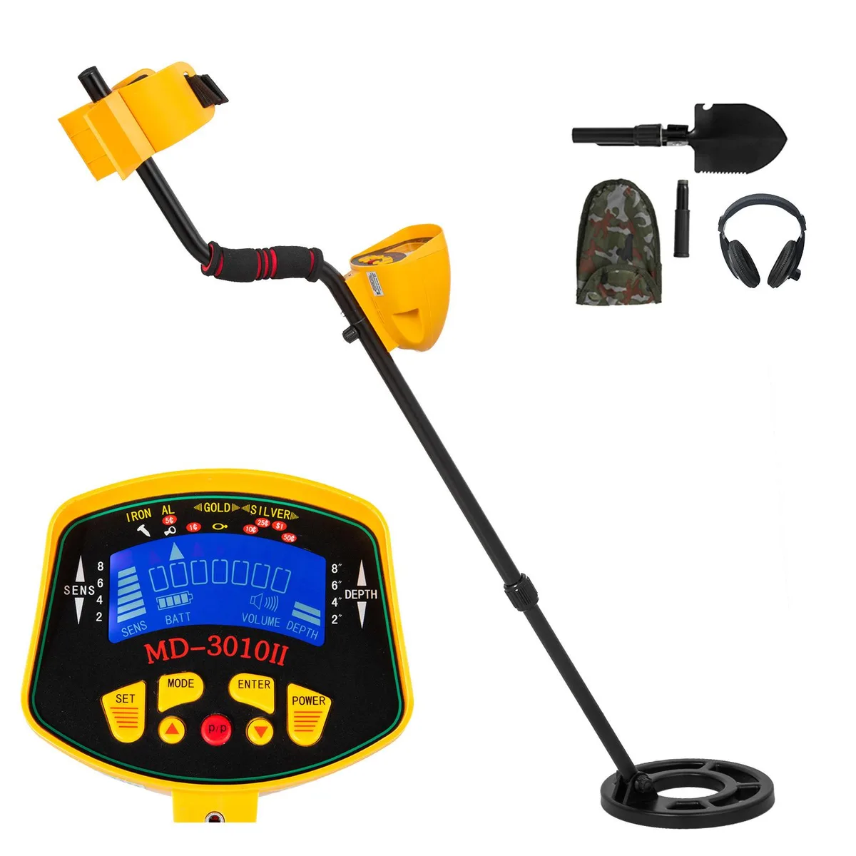 Yellow VEVOR metal detector 3010 with LCD screen, adjustable stem, waterproof search coil, headphones and shovel