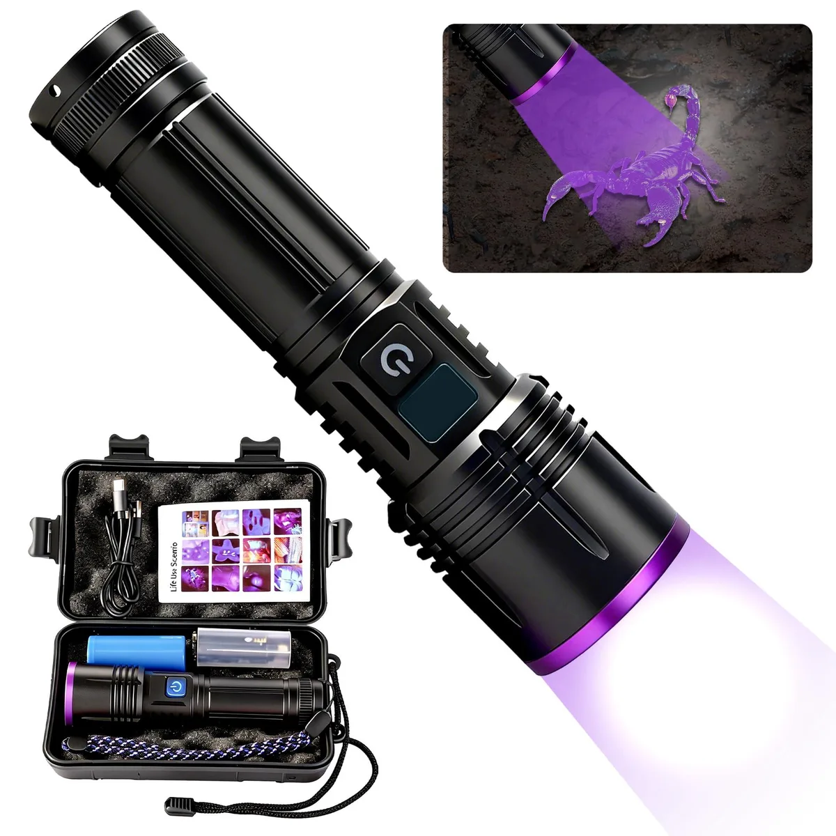 Black aluminum UV flashlight with LCD display, 365nm filter lens, compact rectangular form