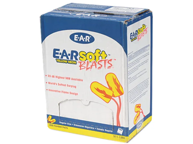 3M 3M 311-1252 E-A-Rsoft Blasts Ear Plugs Corded Foam Yellow Neon 200 Pairs inventory supply — product photo
