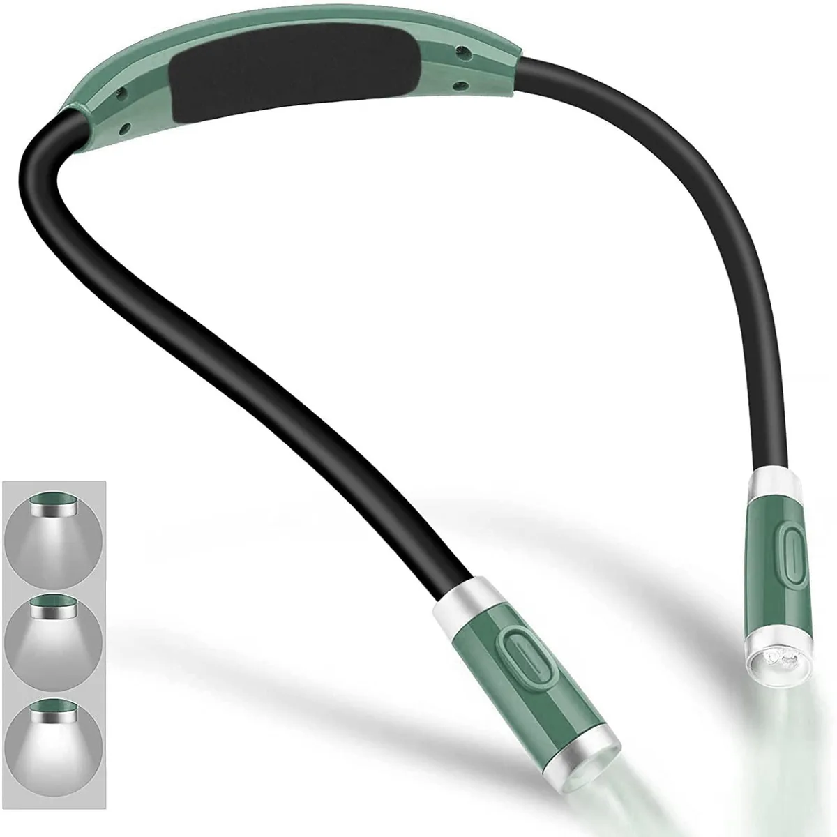 Army-green flexible neck light with four LEDs, worn around the neck