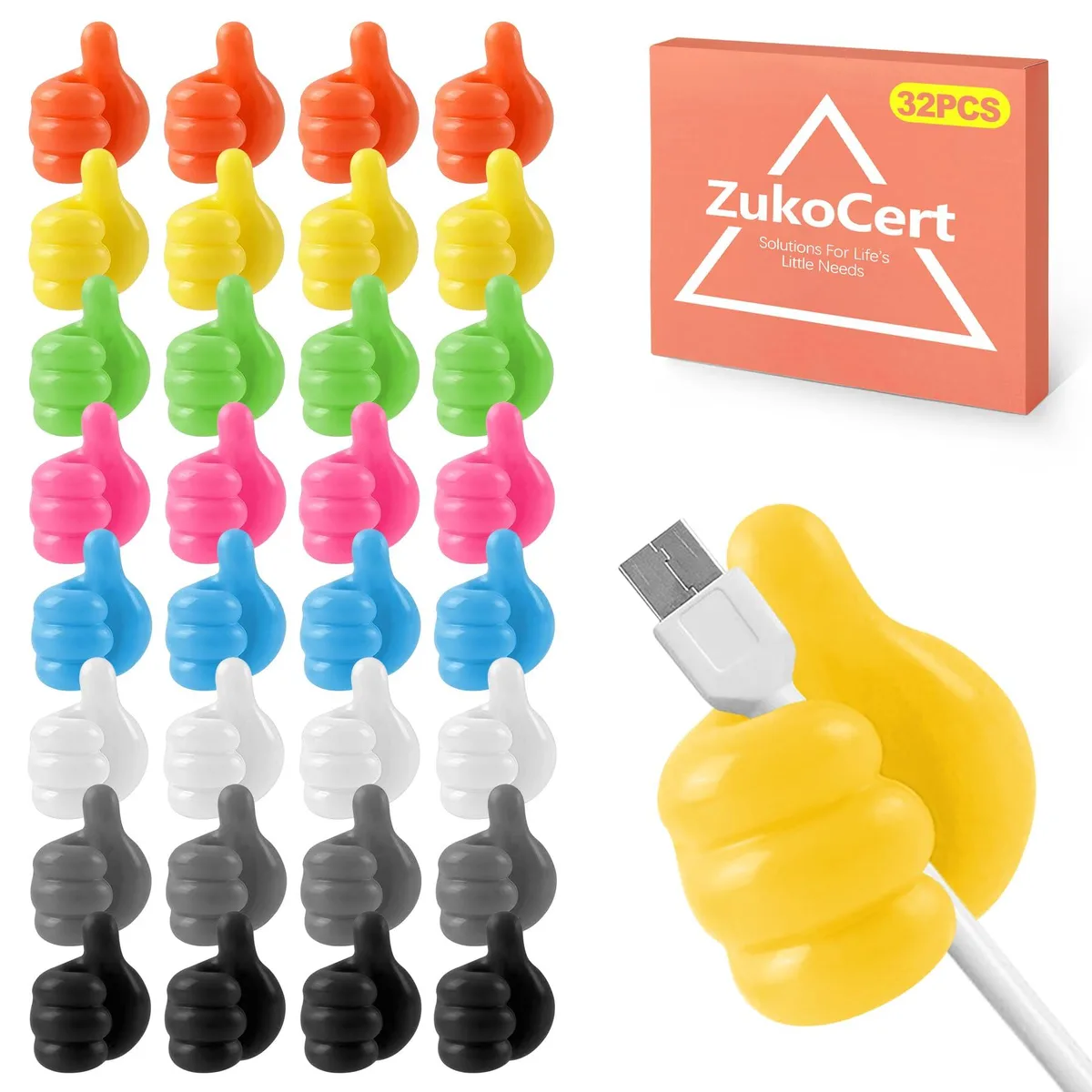 32 thumbs-up silicone hooks in multiple bright colours