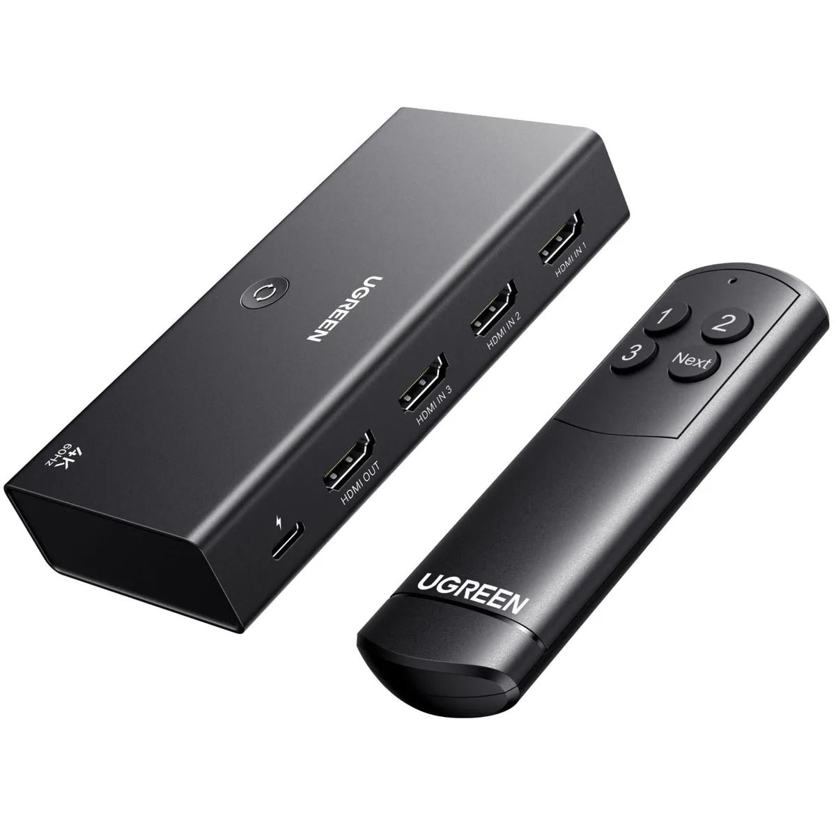 Black rectangular HDMI switch with three input ports and one output port, remote included