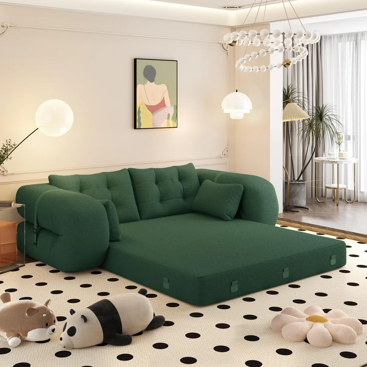 Green teddy fabric foldable sofa bed with plush pillows, 78.7 inches long