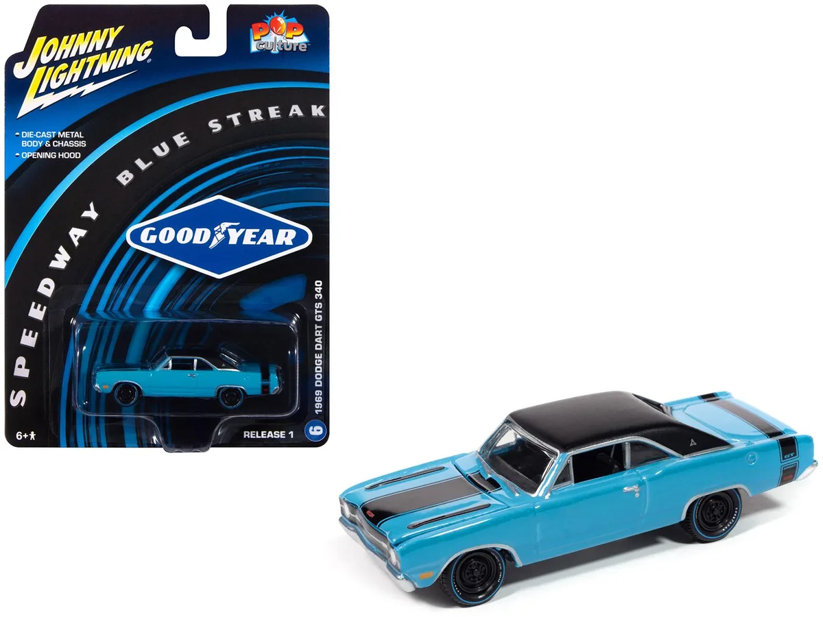 JOHNNY LIGHTNING JOHNNY LIGHTNING 1969 Dodge Dart GTS 340 Blue Black Top Goodyear Blue Streak 1/64 hobby collectible — product photo