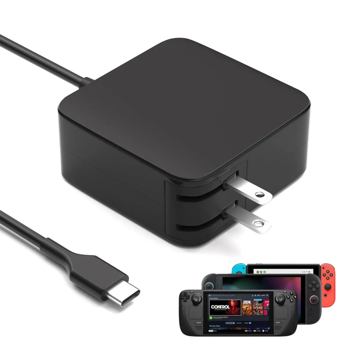 A black USB-C wall charger with a six-foot cable attached