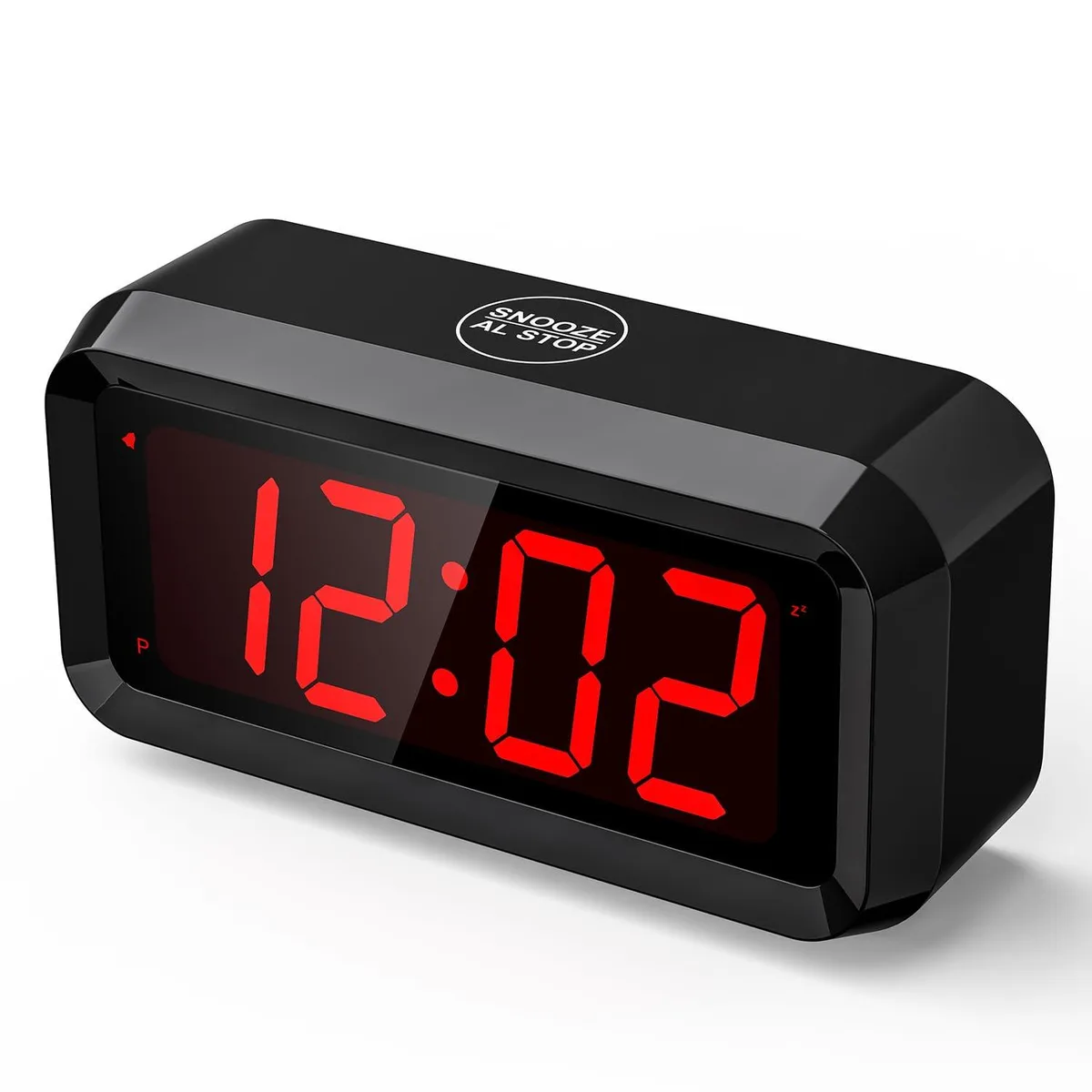 Black rectangular digital clock with 1.2 inch red LED display and snooze button on top