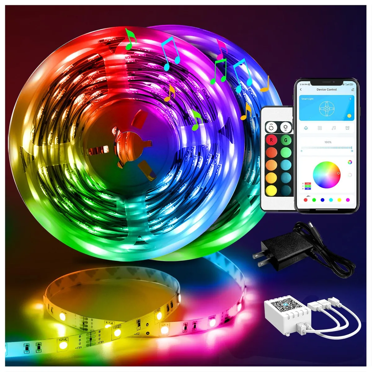 Two rolls of flexible copper-finish LED strip lights, 100 ft total, coiled on white background