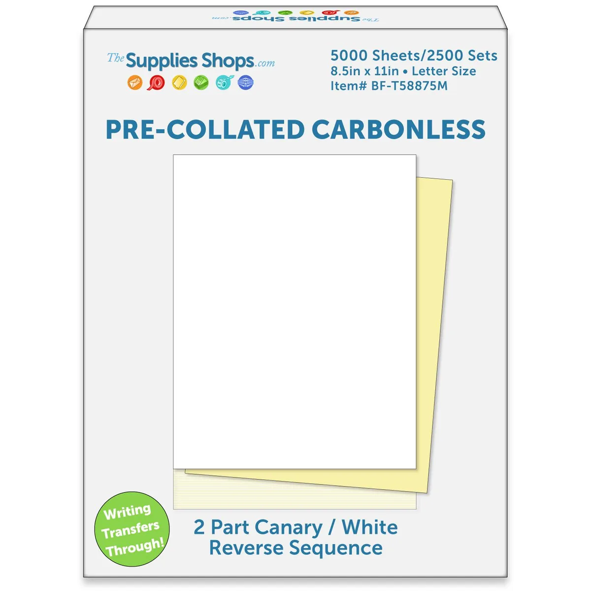 Carton of white and canary carbonless paper sheets