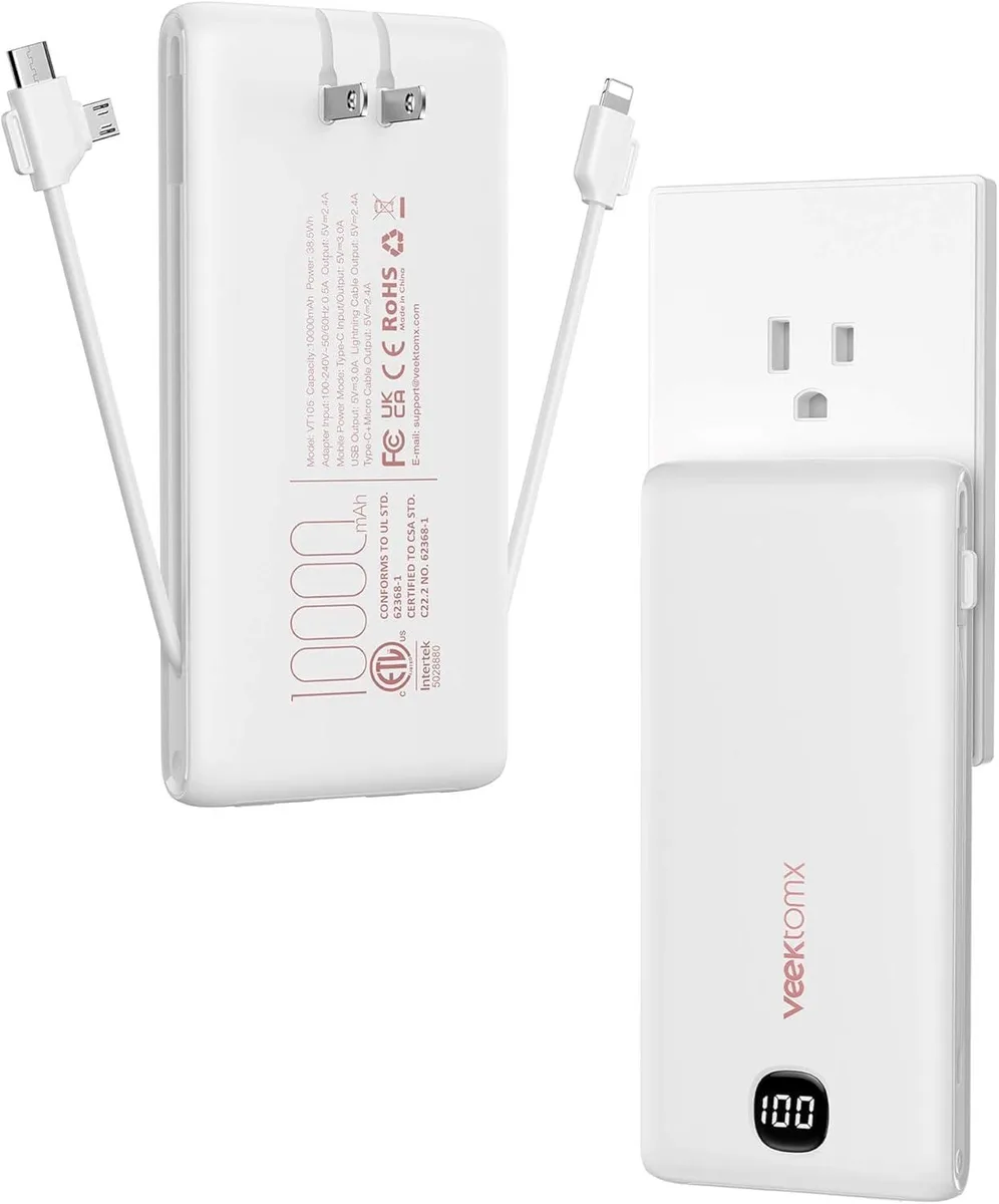 White rectangular power bank with folding wall plug and built-in cables, slim profile