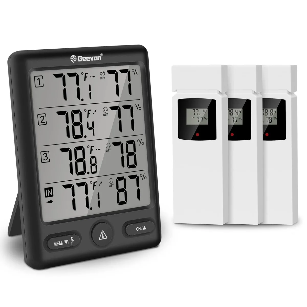Black rectangular wireless thermometer base unit with large LCD screen and three small remote sensors