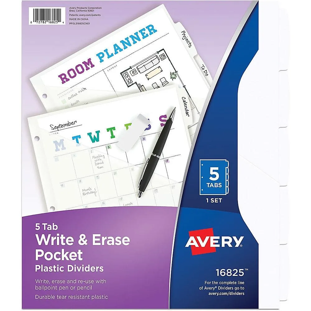 White plastic binder dividers with five erasable tabs and three holes