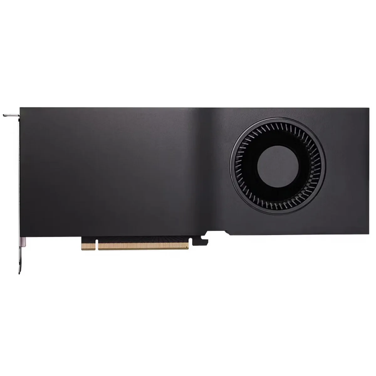 Silver dual-slot graphics card with blower cooler and four DisplayPort outputs