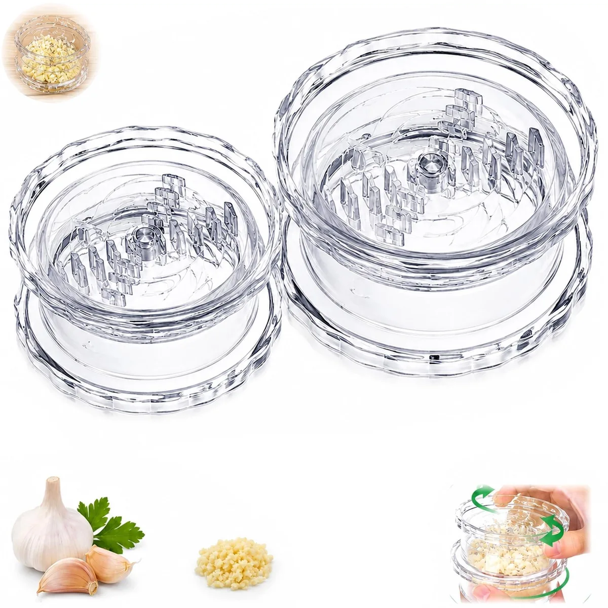 Two clear plastic garlic twisters, one large one small, hand-powered mincer set