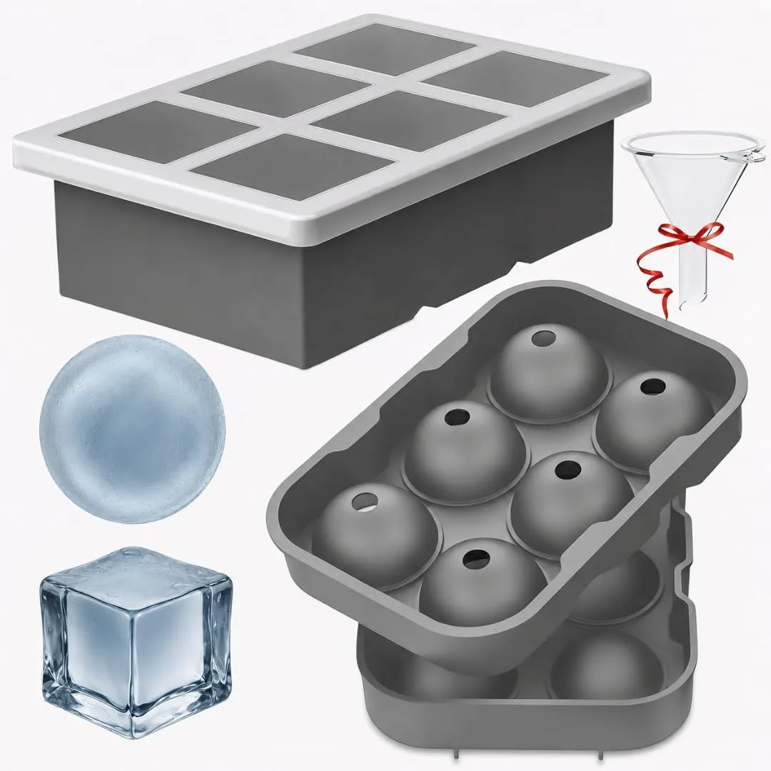 Two gray silicone ice molds with lids, six round and six square cavities