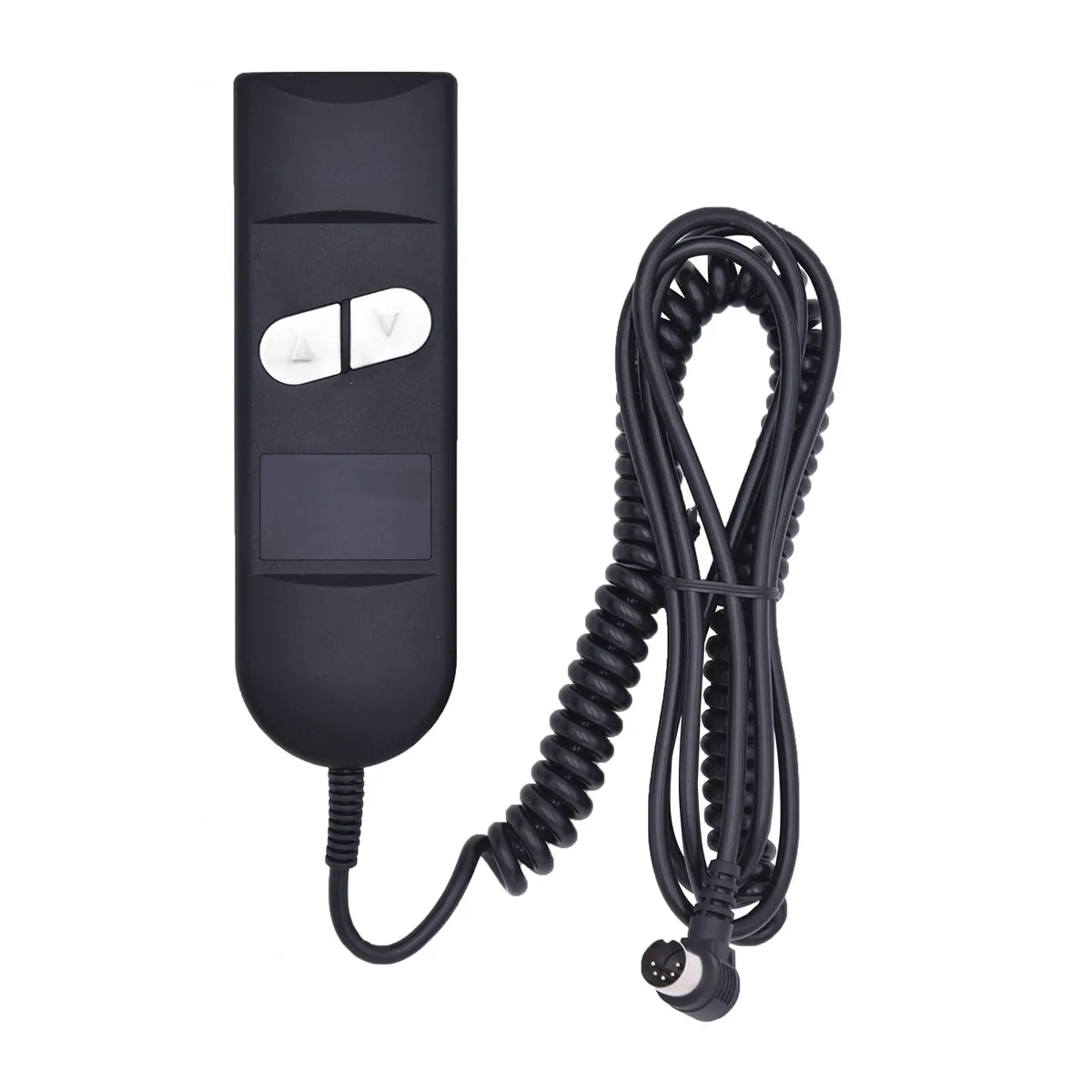 Small black plastic hand control with two buttons and a 90 degree five pin plug