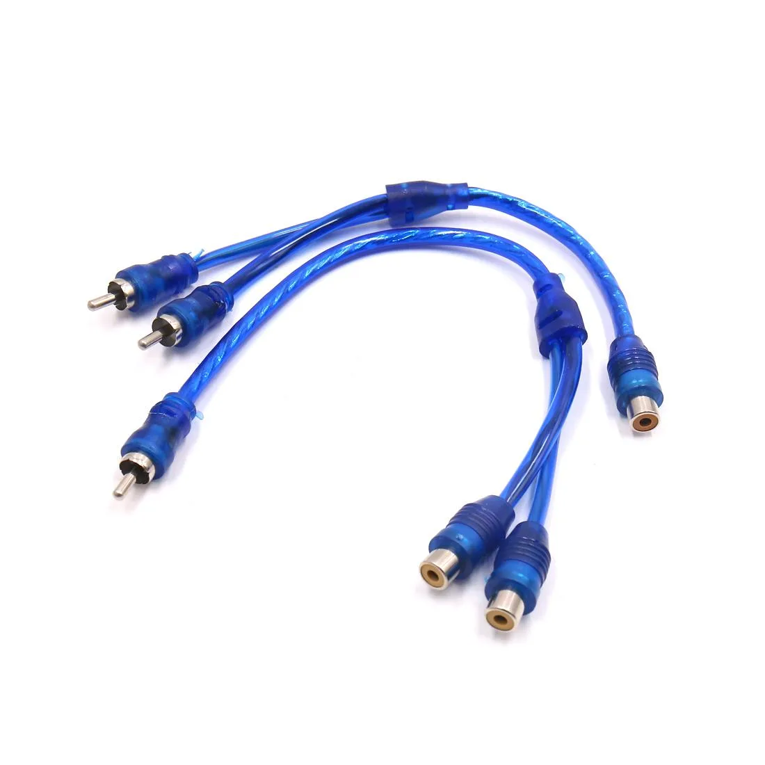 Two blue RCA splitter cables, 12 inch and 9.2 inch, female to male and female to two male connectors