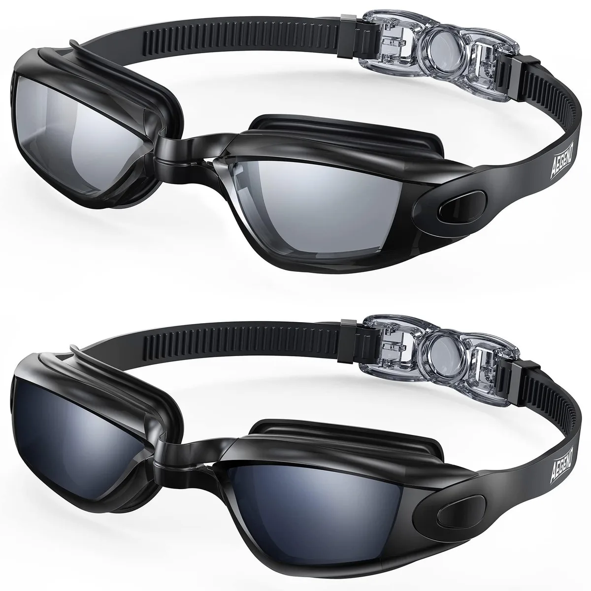 Two pairs of swim goggles in light and deep black with a storage case