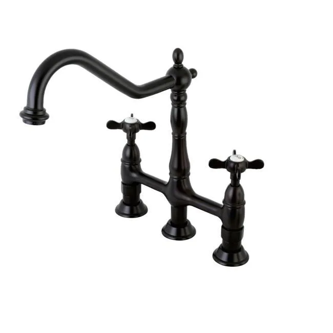 Oil-rubbed bronze bridge kitchen faucet with cross handle and side sprayer