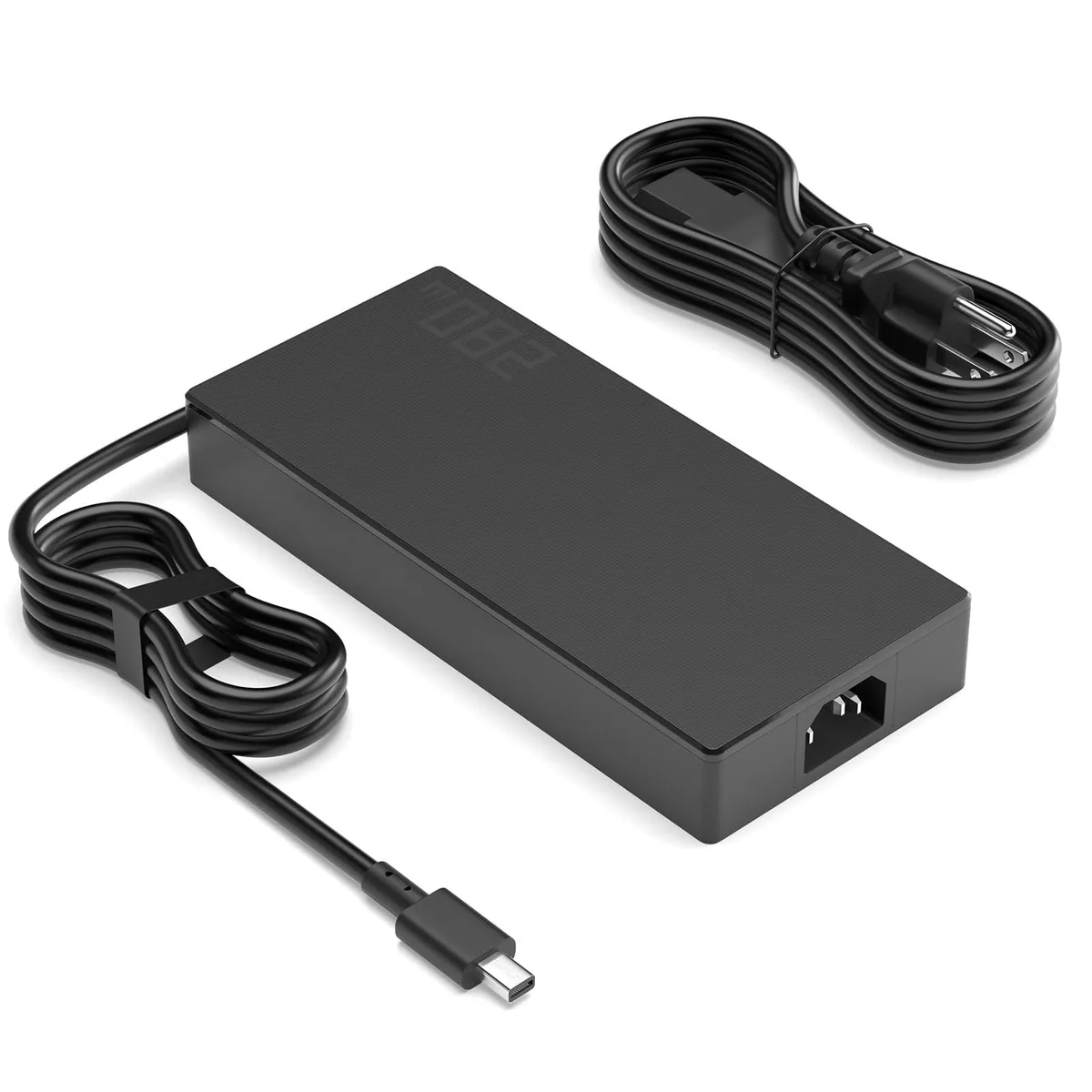 Black rectangular AC adapter brick with rectangle connector and detachable power cord