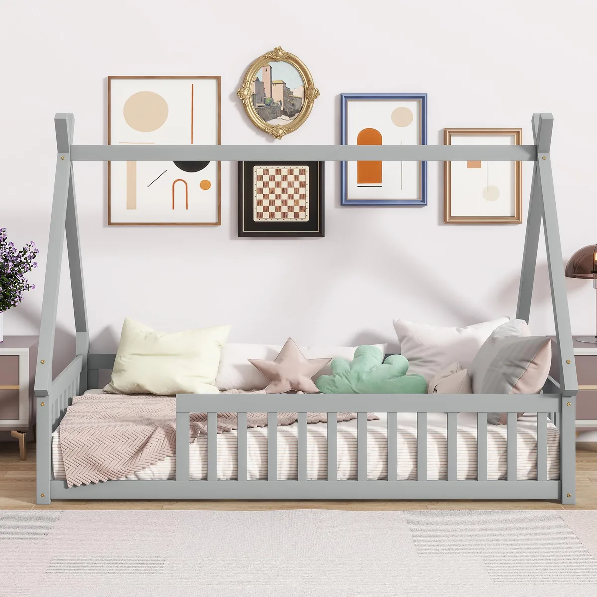 Grey rubber-wood twin floor bed with tent-shaped frame and guardrails