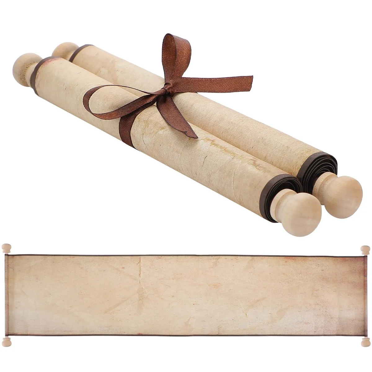 Aged paper scroll on a wooden rod, 9 by 72 inches