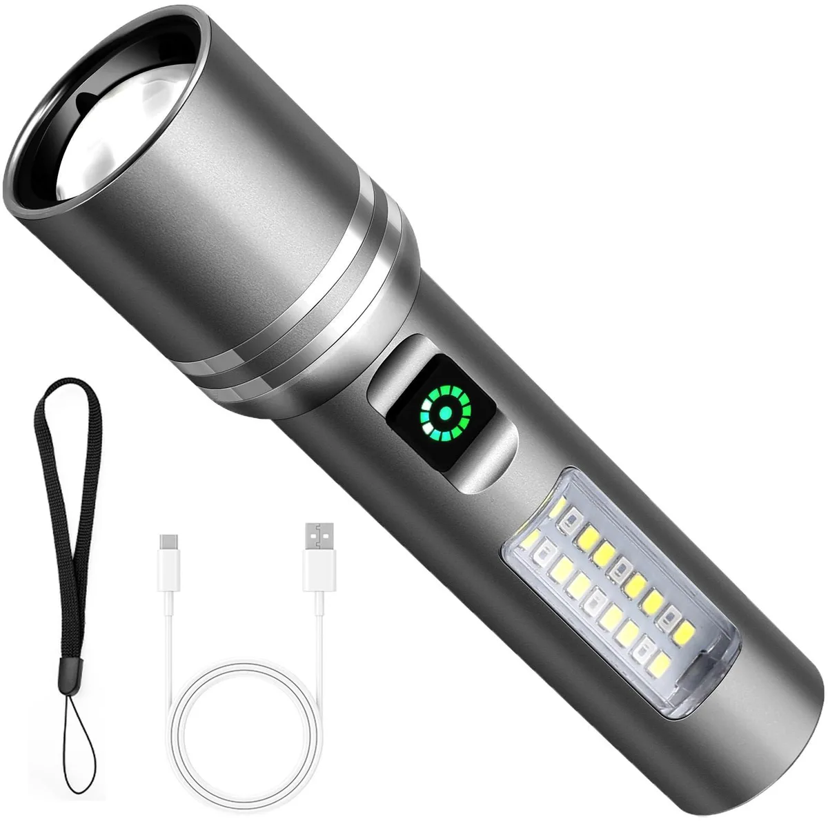 Two compact aluminium flashlights with Type‑C ports and adjustable heads