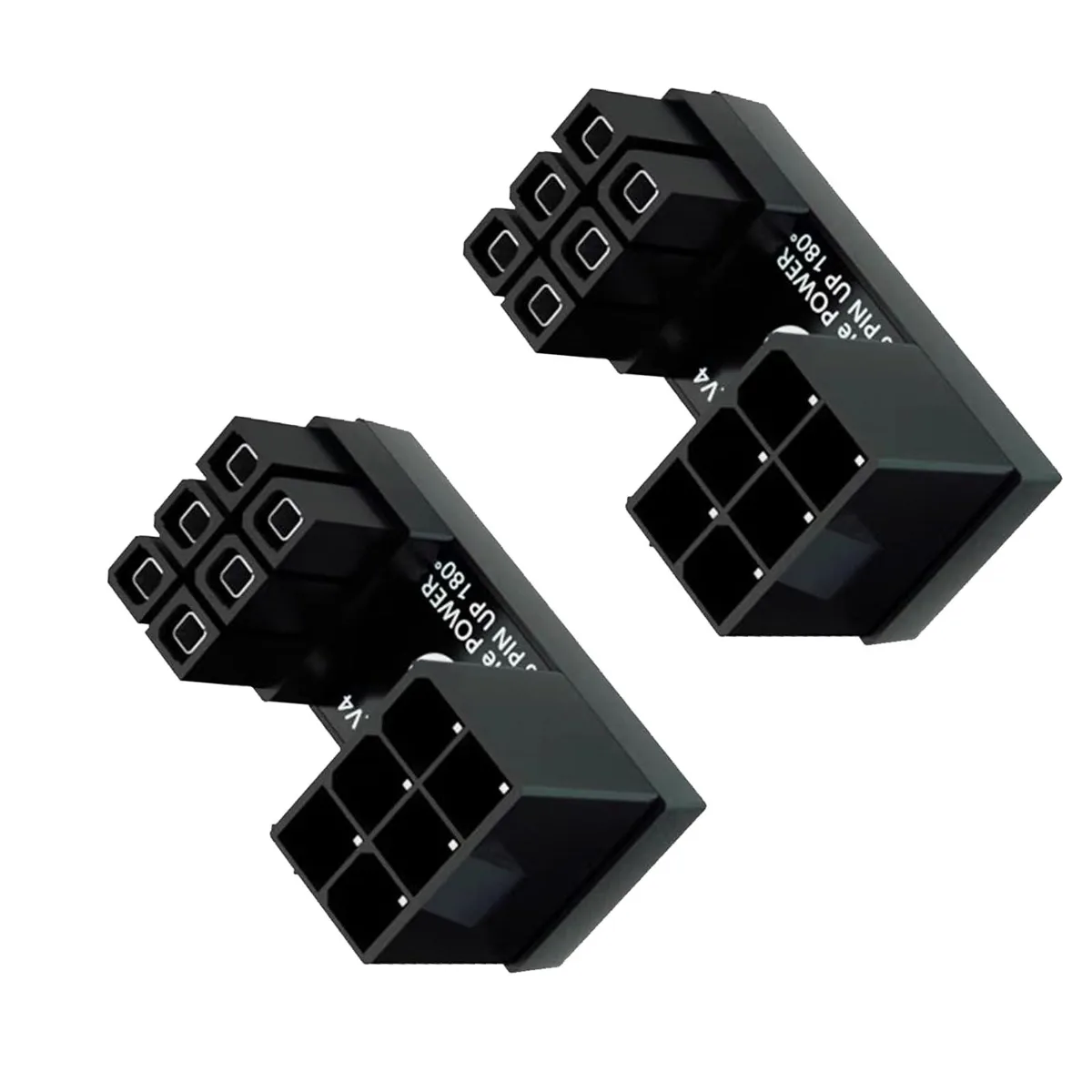 Two black right-angle 6-pin GPU power adapters, 1.2 by 1.7 cm